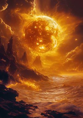 Fiery Sun Over Rocky Coastline