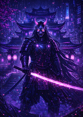 Cyberpunk Oni Samurai with Neon Sword -Neon Ronin Poster (Cyber Samurai Edition)
