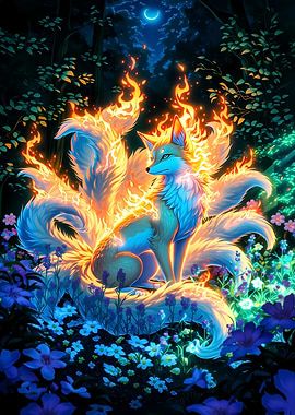 Fiery Nine-Tailed Fox in Forest