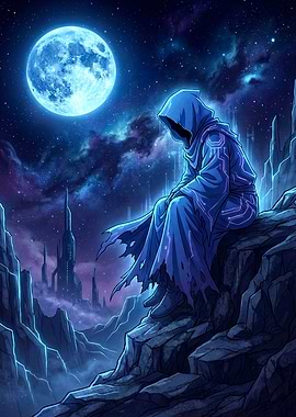 Mysterious figure under a blue moon