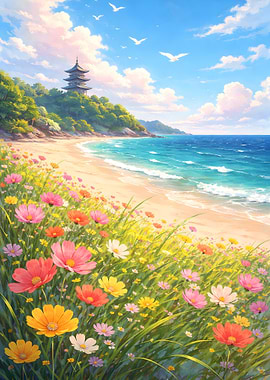 Serene Beach with Pagoda and Flowers