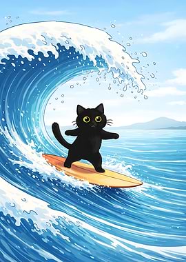 Fat Surfing Cat Wall Art – Cute Cartoon Black Cat Riding Ocean Wave Beach Decor