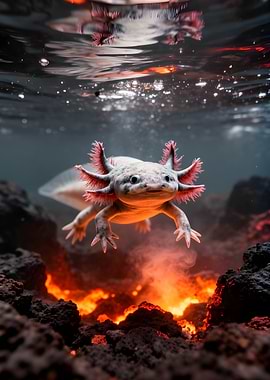 Axolotl in volcanic underwater environment