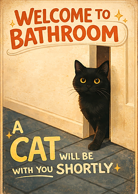 Funny Bathroom Cat Vintage Poster – “A Cat Will Be With You Shortly” Black Cat Humor Wall Art