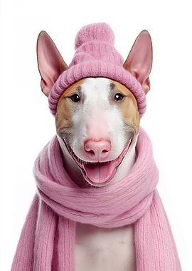 Cozy Bull Terrier Dog in Pink Winter Hat and Scarf