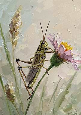 Grasshopper on a Flower Painting