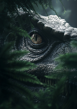 Dinosaur Eye Peeking Through Ferns