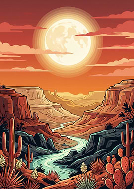 Desert Canyon Sunset with Moon