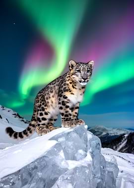 Snow Leopard Under Aurora Borealis