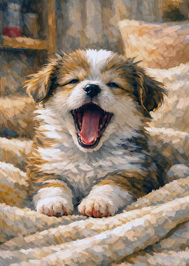 Adorable puppy yawning on a blanket