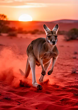 Kangaroo running in desert at sunset