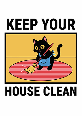 Funny Black Cat Cleaning House