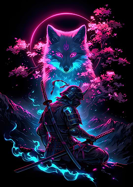 Cyberpunk Samurai Fox Spirit and Sakura