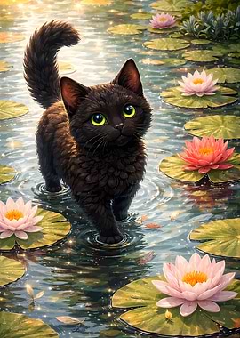 Black Cat in a Water Lily Pond