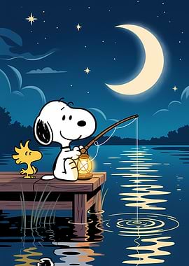 Snoopy and Woodstock fishing at night