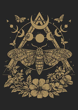 Celestial Moth Poster, Mystic Moon Phase Wall Art, Gothic Floral Gold Art Print