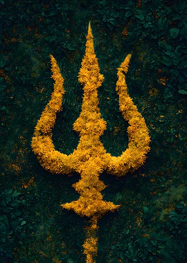 Golden Trident on Dark Green Background