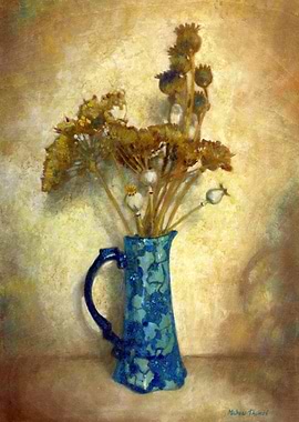 Dried Flowers in Blue Pitcher
