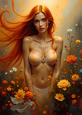 Woman with Fiery Hair Among Flowers