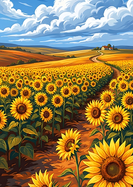 Vast Sunflower Field Under a Cloudy Sky