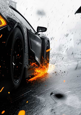 Black car with flames on tire