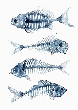 Watercolor Fish Skeletons