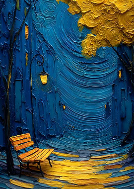 Van Gogh Style Night Scene with Bench