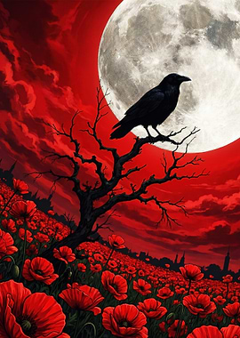 Raven on a branch in a poppy field