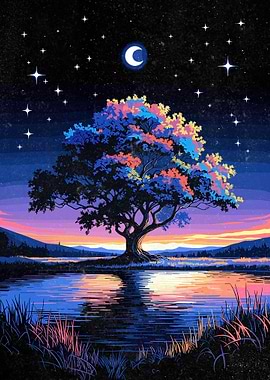 Magical Tree by the Water Under a Starry Sky