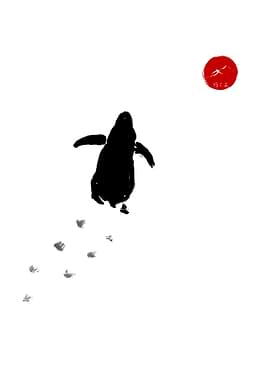 Penguin walking towards the sun