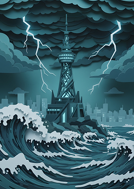 Stormy Ocean Tower Paper Cut Illustration