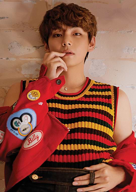 V in striped vest and red jacket