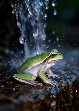 Green frog under falling water