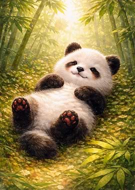 Cute Panda Lying in Bamboo Forest
