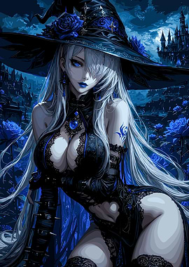 Gothic Witch with Blue Roses