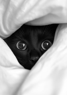 Black Cat Peeking from Blanket