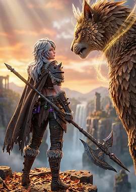 Warrior and Beast in Fantasy Landscape