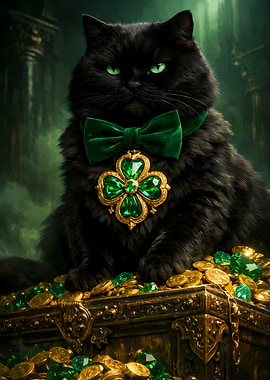 Black Cat St Patrick's Guarding Emerald Green Papillon Golden Medal