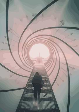 Person climbing a spiral staircase towards light