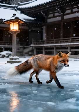 Fox in a Snowy Japanese Garden