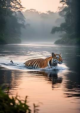 Tiger swimming in a misty river