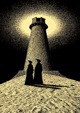 Two figures in cloaks by a lighthouse