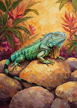 Green Iguana on Rocks with Tropical Flowers
