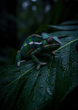 Chameleon on a wet leaf