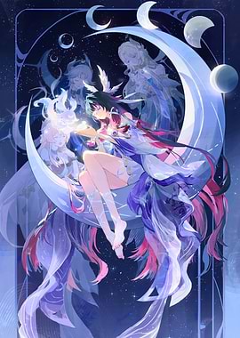 Girl characters on a crescent moon