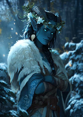 Blue-skinned fantasy character in winter forest