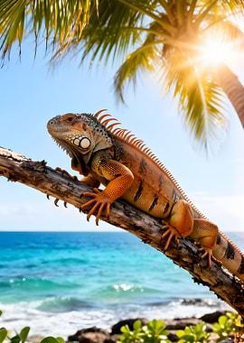 Iguana on a branch by the sea