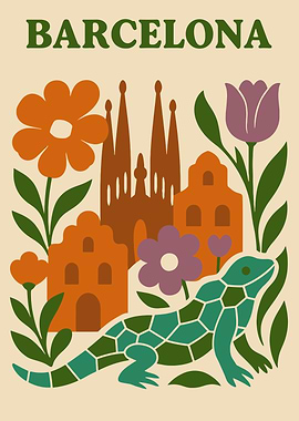 Barcelona Cityscape with Lizard and Flowers