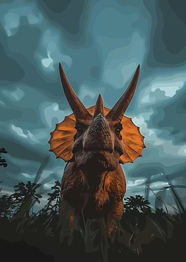 Triceratops Dinosaur in Stormy Sky