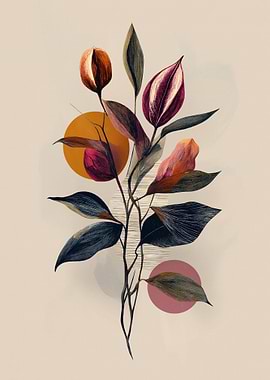 Botanical Illustration with Abstract Circles